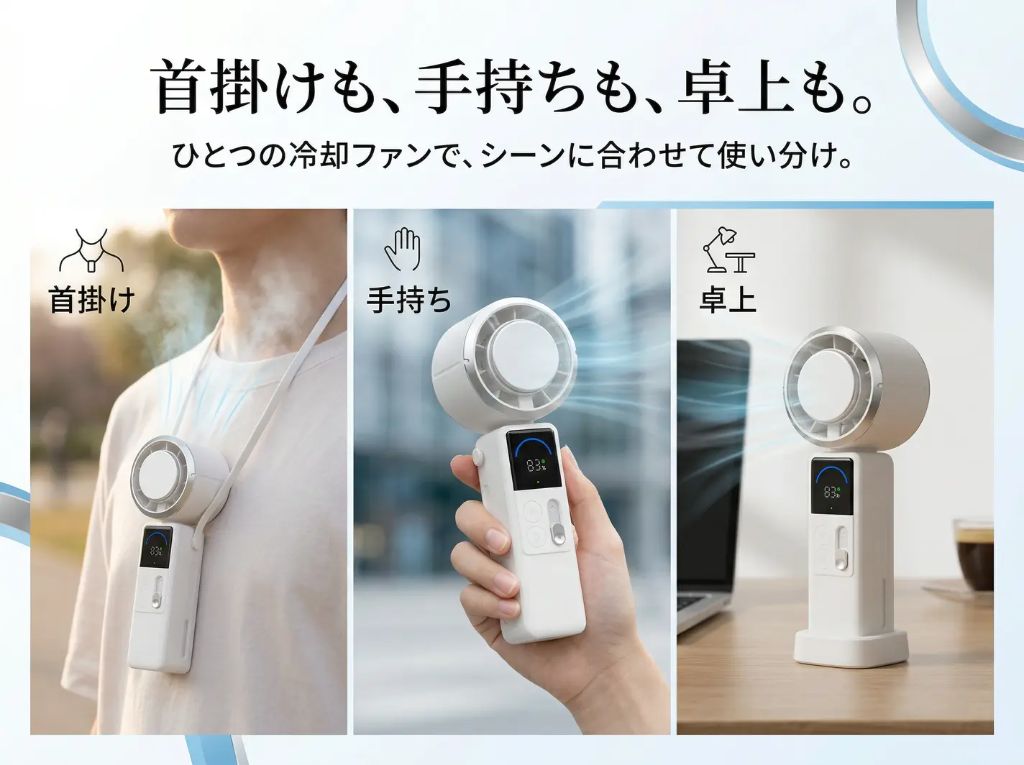 首掛けも、手持ちも、卓上も。ひとつの冷却ファンで、シーンに合わせて使い分け。