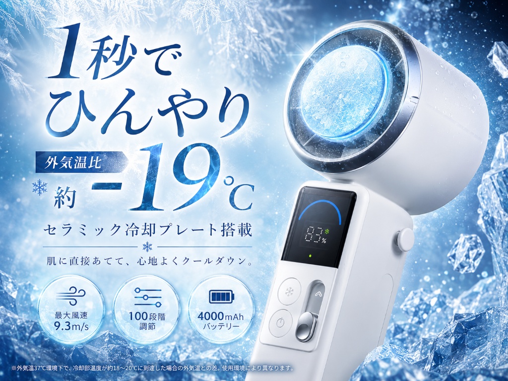 1秒でひんやり 外気温比 約-19℃ セラミック冷却プレート搭載 ハンディ冷却ファン