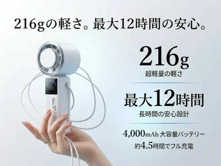216gの軽さ。最大12時間の安心。4,000mAh 約4.5時間でフル充電